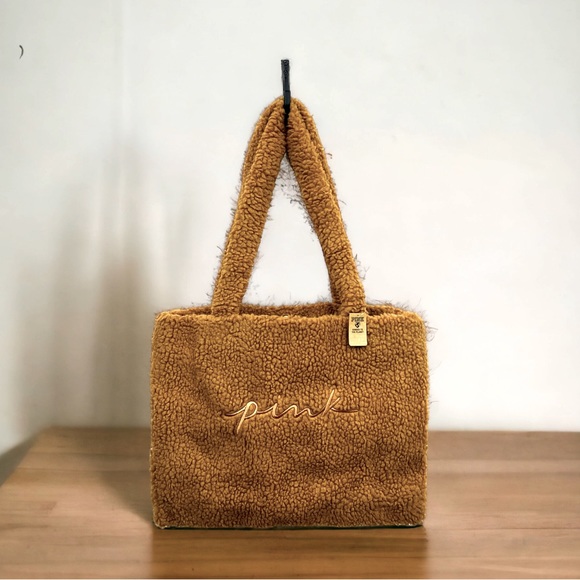PINK Victoria's Secret Handbags - PINK Victoria’s Secret Sherpa Tote Bag New With Tags Plush, Brown, Purse, Laptop